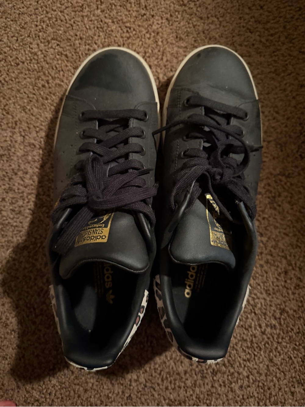 adidas Stan Smith Women Black Leather Sneakers with Leopard Heel Accent